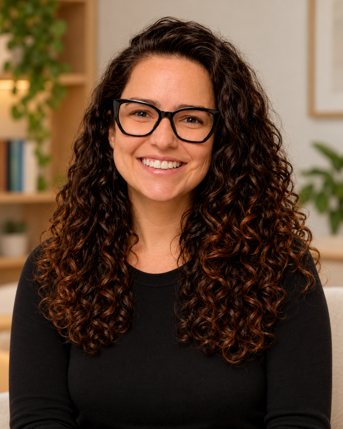 Larissa Santos, psicóloga clínica, sorrindo em seu espaço de atendimento